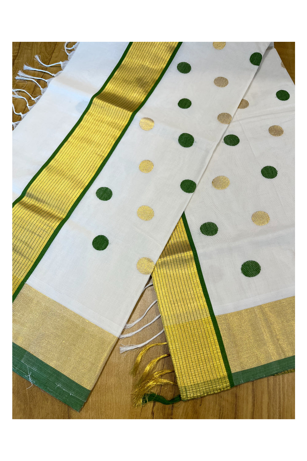 Southloom Premium Handloom Kasavu Saree with Green and Golden Polka Woven Designs Across Body