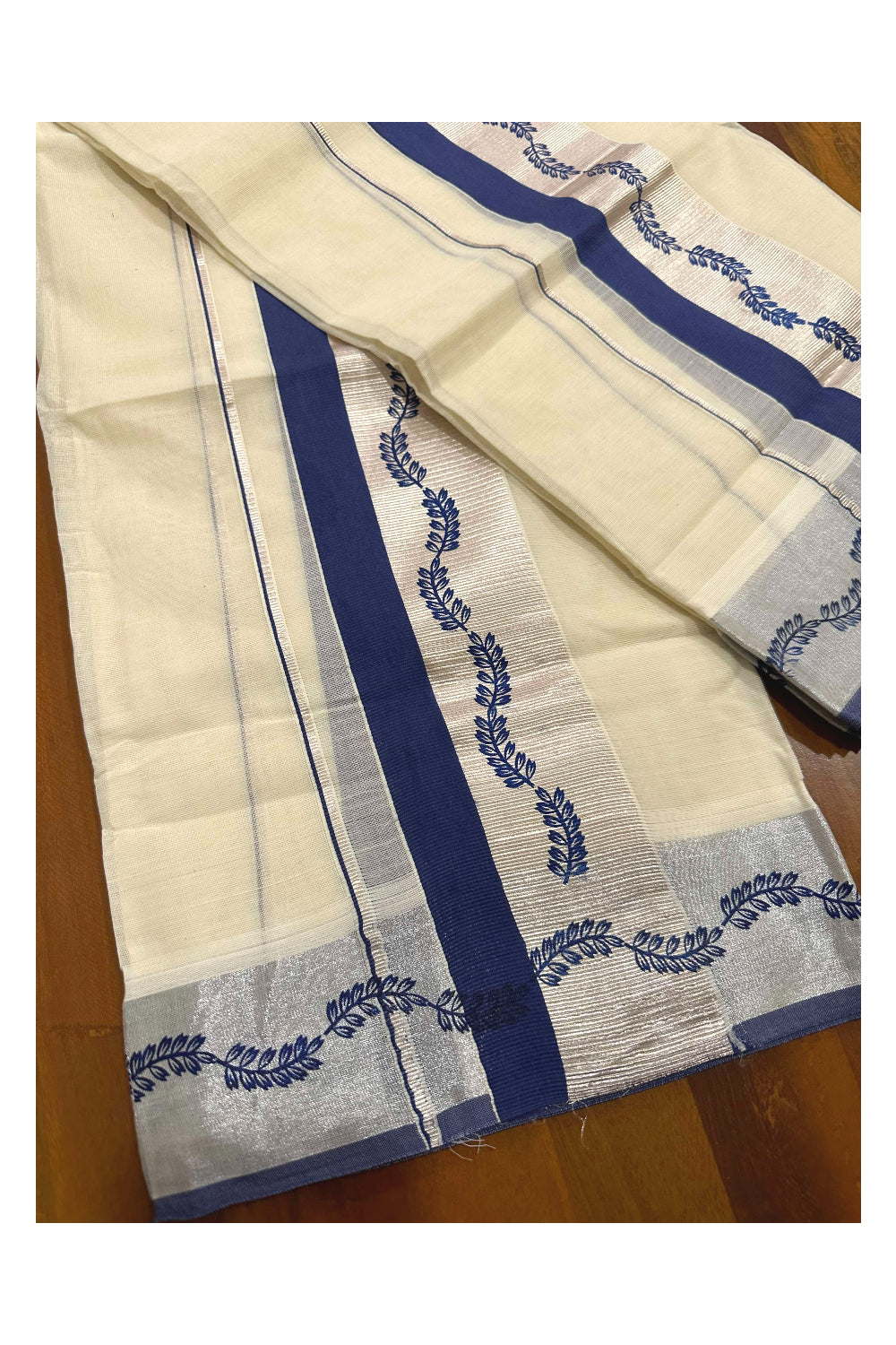 Kerala Cotton Single Set Mundu (Mundum Neriyathum) with Blue Block Prints and Silver Kasavu Border 2.80 Mtrs (Onam set Mundu 2023)