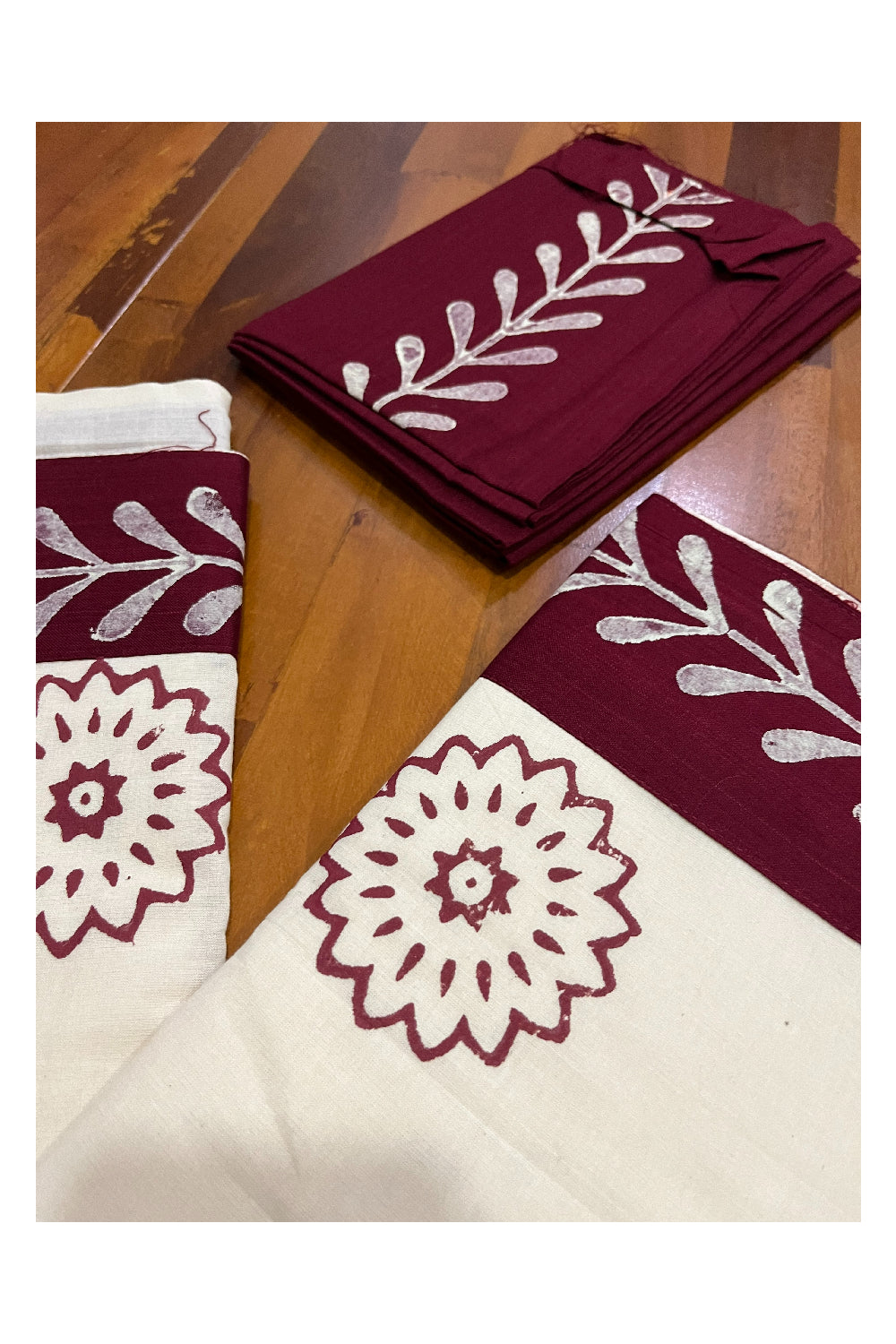 Pure Cotton Onam 2023 Kerala Saree with Hand Block Maroon Floral Batik Prints