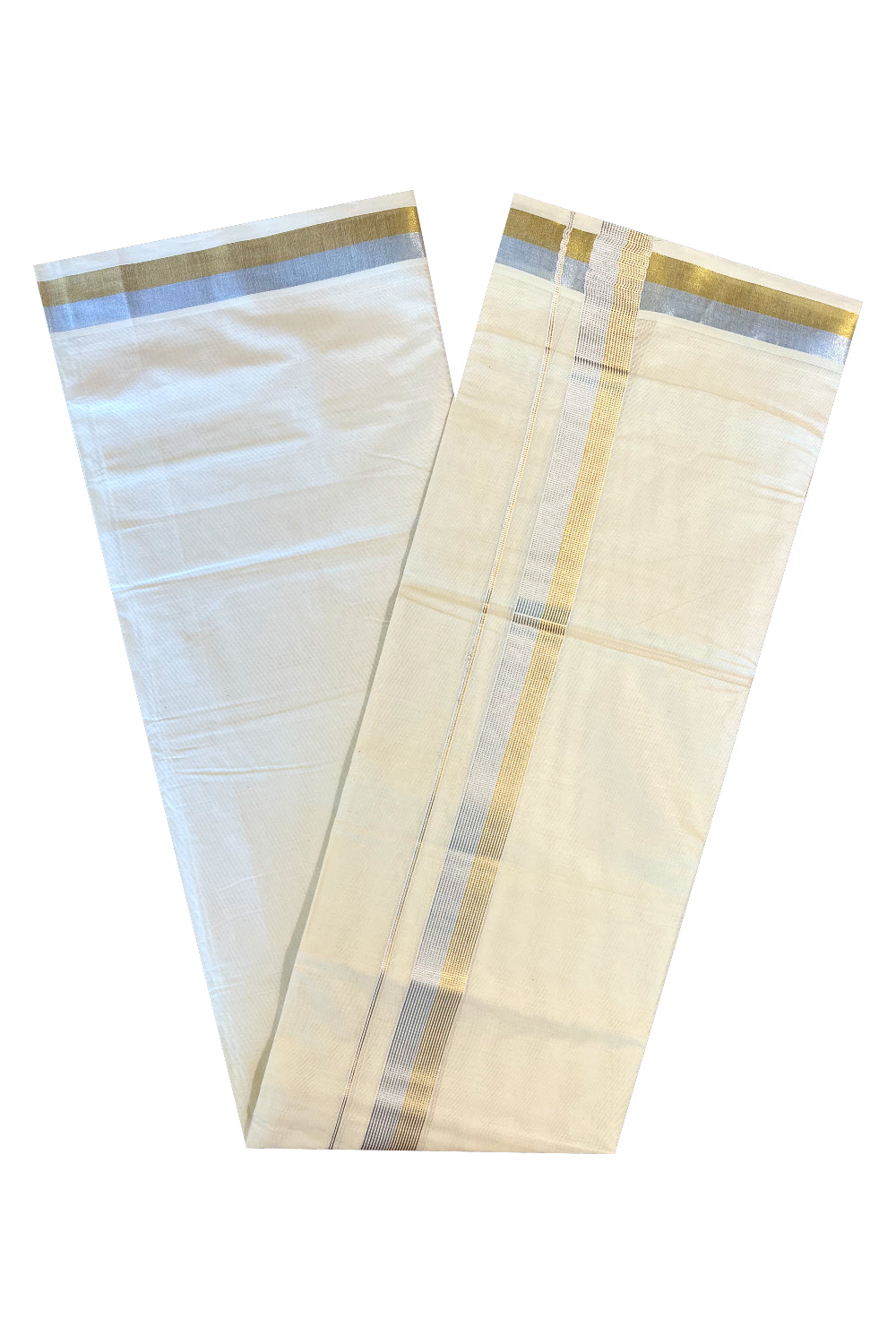 Kerala Cotton Double Mundu with Silver and Golden Kasavu Lines Border (South Indian Kerala Dhoti)