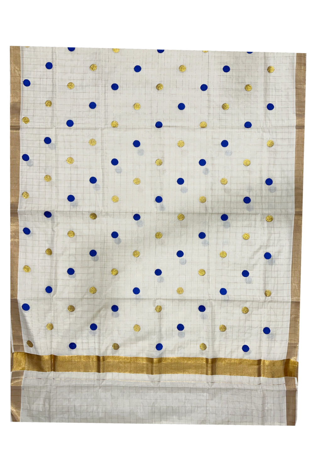 Southloom Kerala Check Saree with Woven Polka Dots in Kasavu and Blue Colour