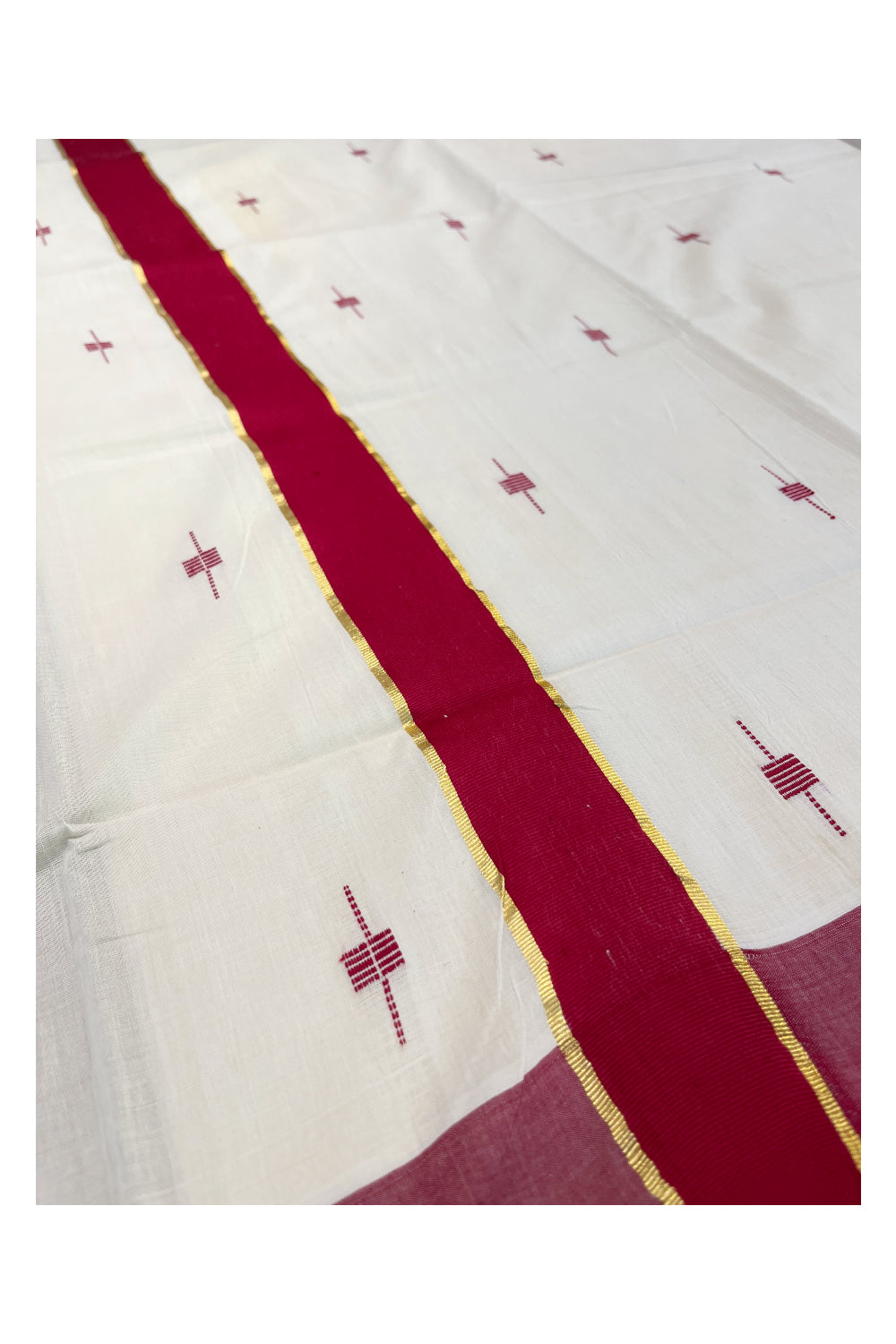 Southloom Premium Balaramapuram Unakkupaavu Handloom Cotton Butta Saree with Red and Kasavu Border