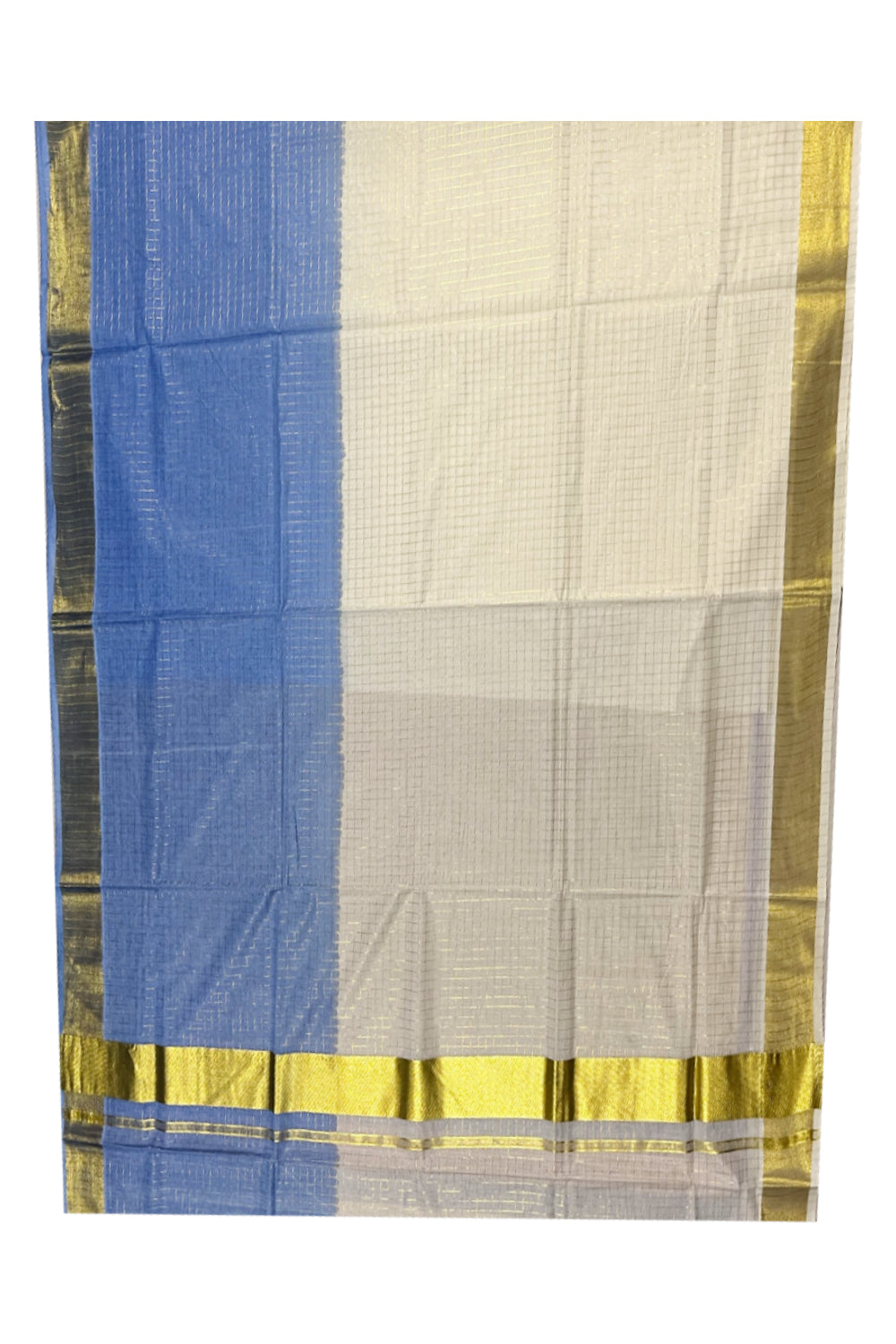 Southloom Cotton Tie & Dye - Half & Half Blue Design Saree with Kasavu Check Across Body