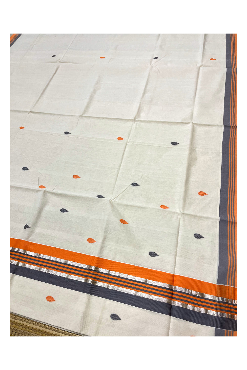 Southloom Premium Balaramapuram Unakkupaavu Handloom Cotton Butta Saree with Orange Grey and Kasavu Border