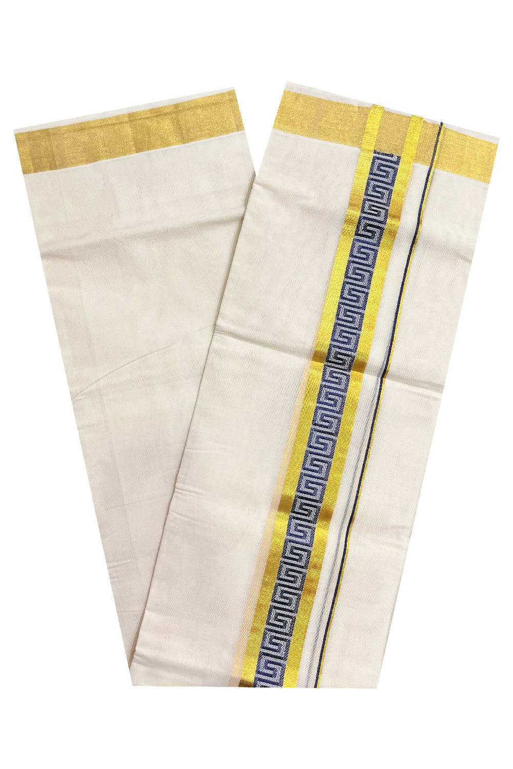 Southloom Premium Handloom Pure Cotton Mundu with Golden and Blue Kasavu Woven Border (Vishu 2024 Collection)