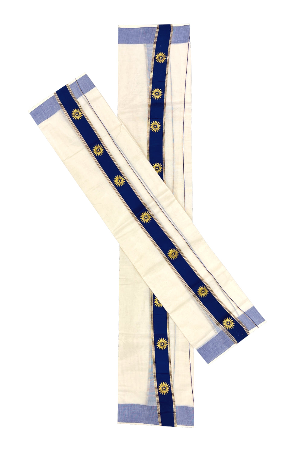 Cotton Single Set Mundu (Mundu Neriyathum) with Golden Block Prints on Blue Border