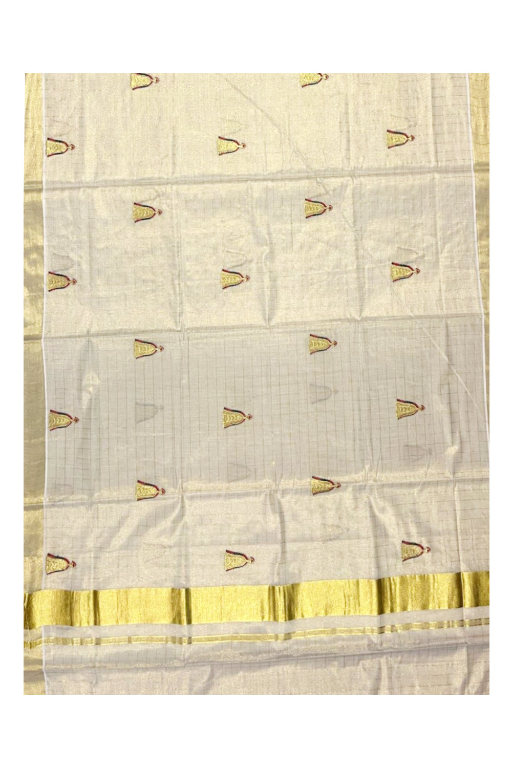 Kerala Tissue Kasavu Check Saree with Nettipattam Embroidery Works