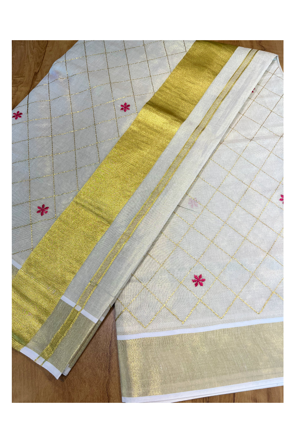 Kerala Tissue Kasavu Check Saree with Pink Flower Embroidery Works