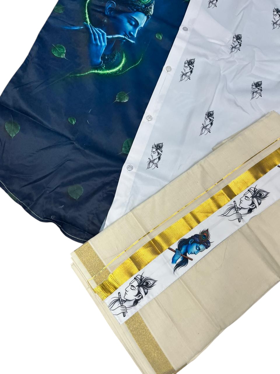 Southloom Premium Satin Krishna Digital Printed Design Men's Combo  (Shirt + Mundu) SL576