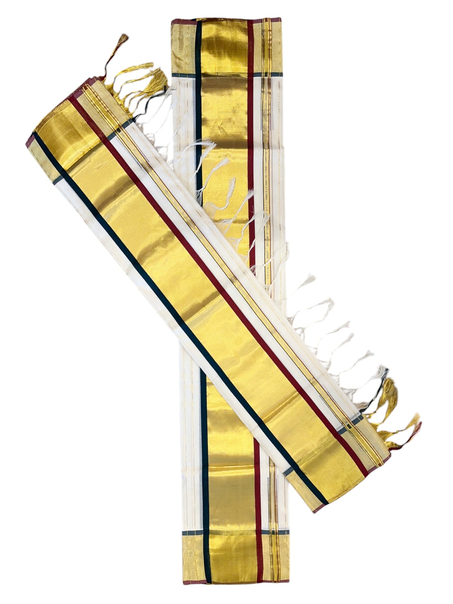 Southloom Premium Handloom Kasavu Lines Set Mundu with Green And Maroon Border (Mundum Neriyathum) 2.80 Mtrs