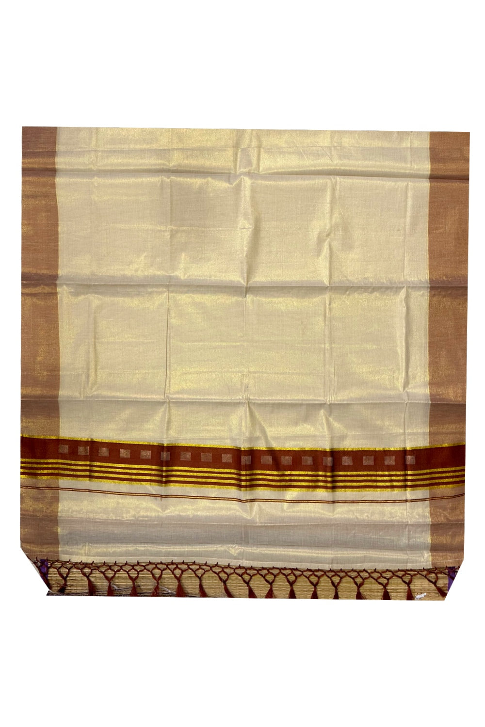 Kerala Tissue Saree with Kasavu Brown Border and Tassels Works on Pallu (Onam Saree 2023)