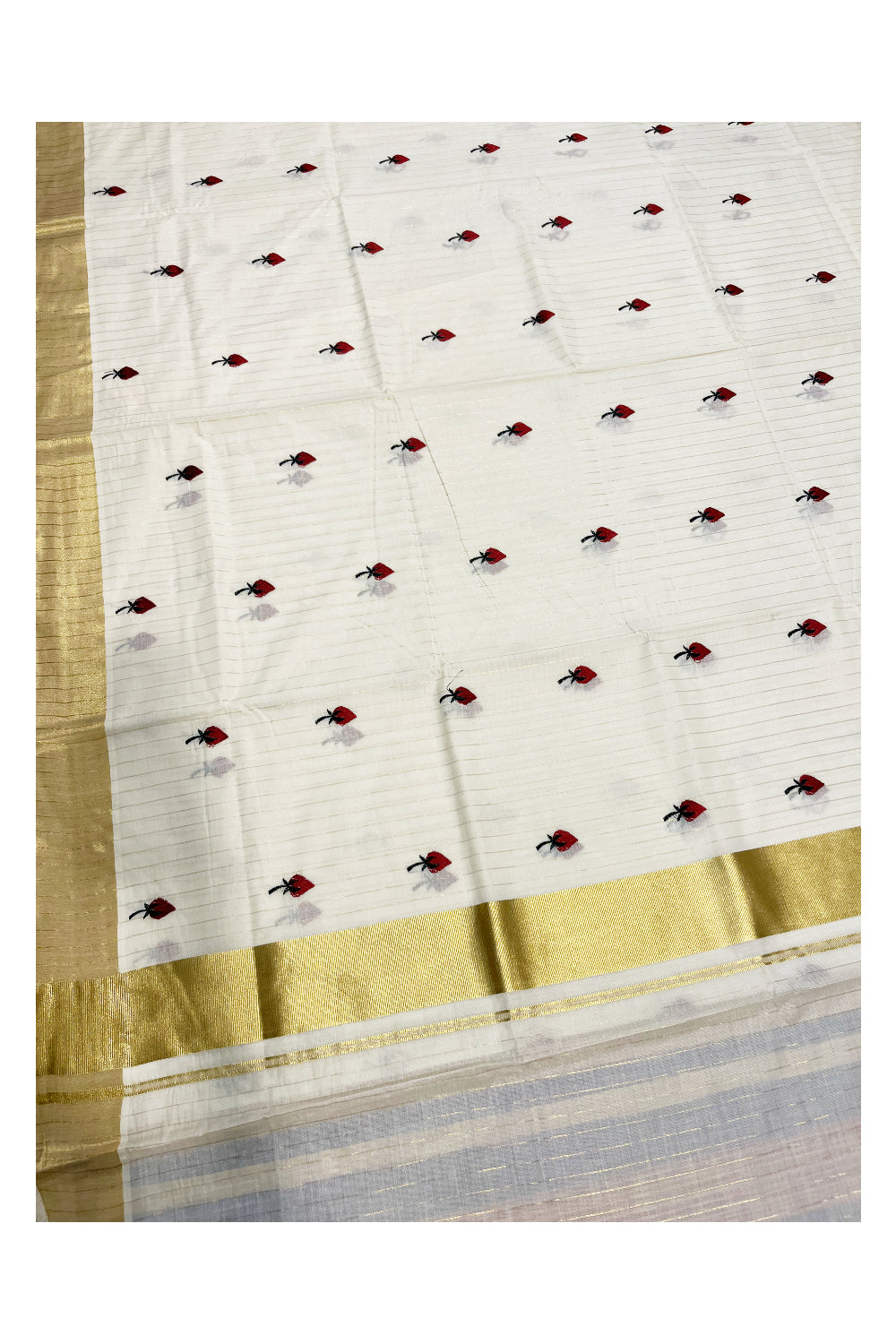 Kerala Cotton Kasavu Lines Saree with Maroon Floral Embroidery Works On Body