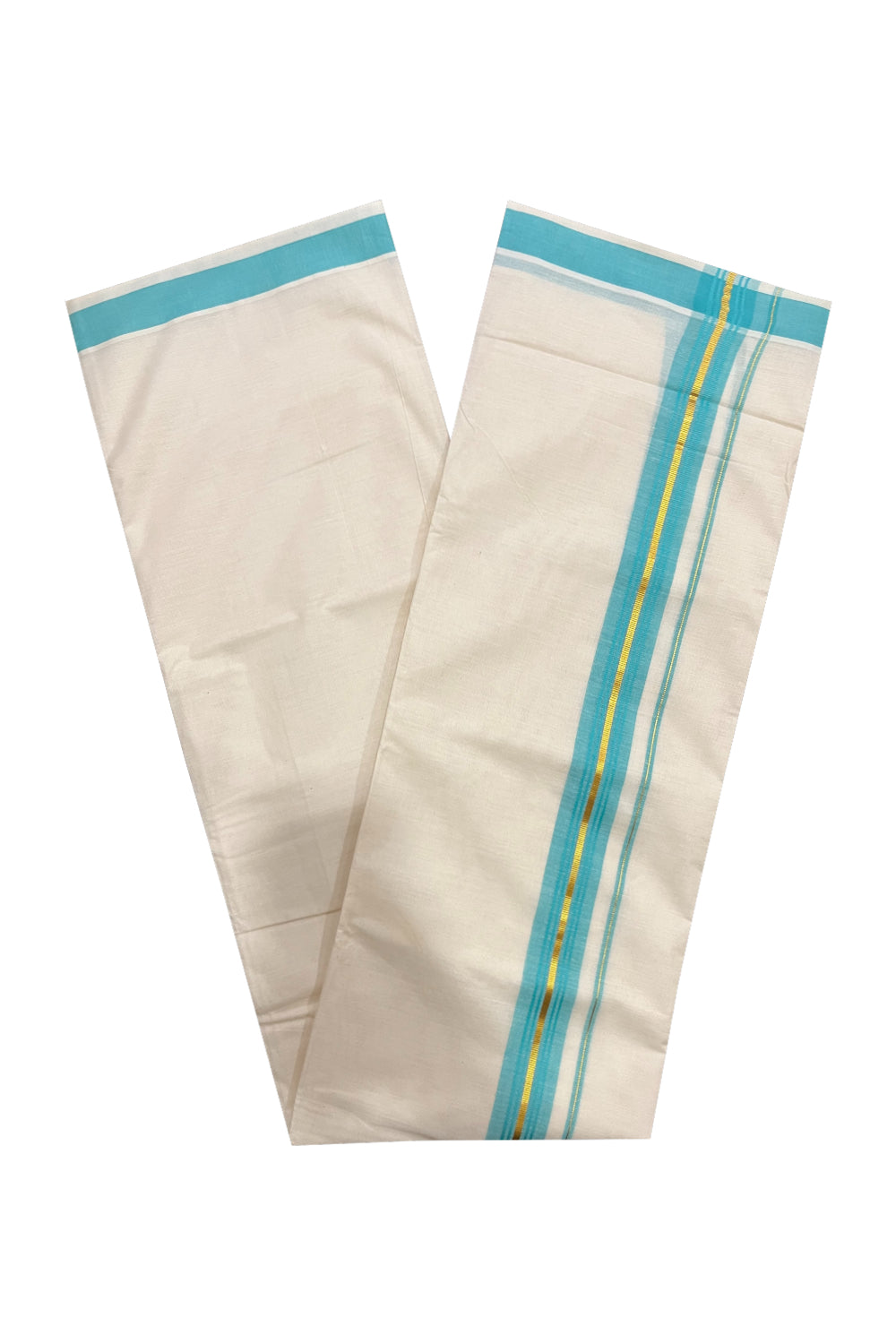 Pure Cotton Kerala Double Mundu with Turquoise and Kasavu Kara (South Indian Kerala Dhoti)