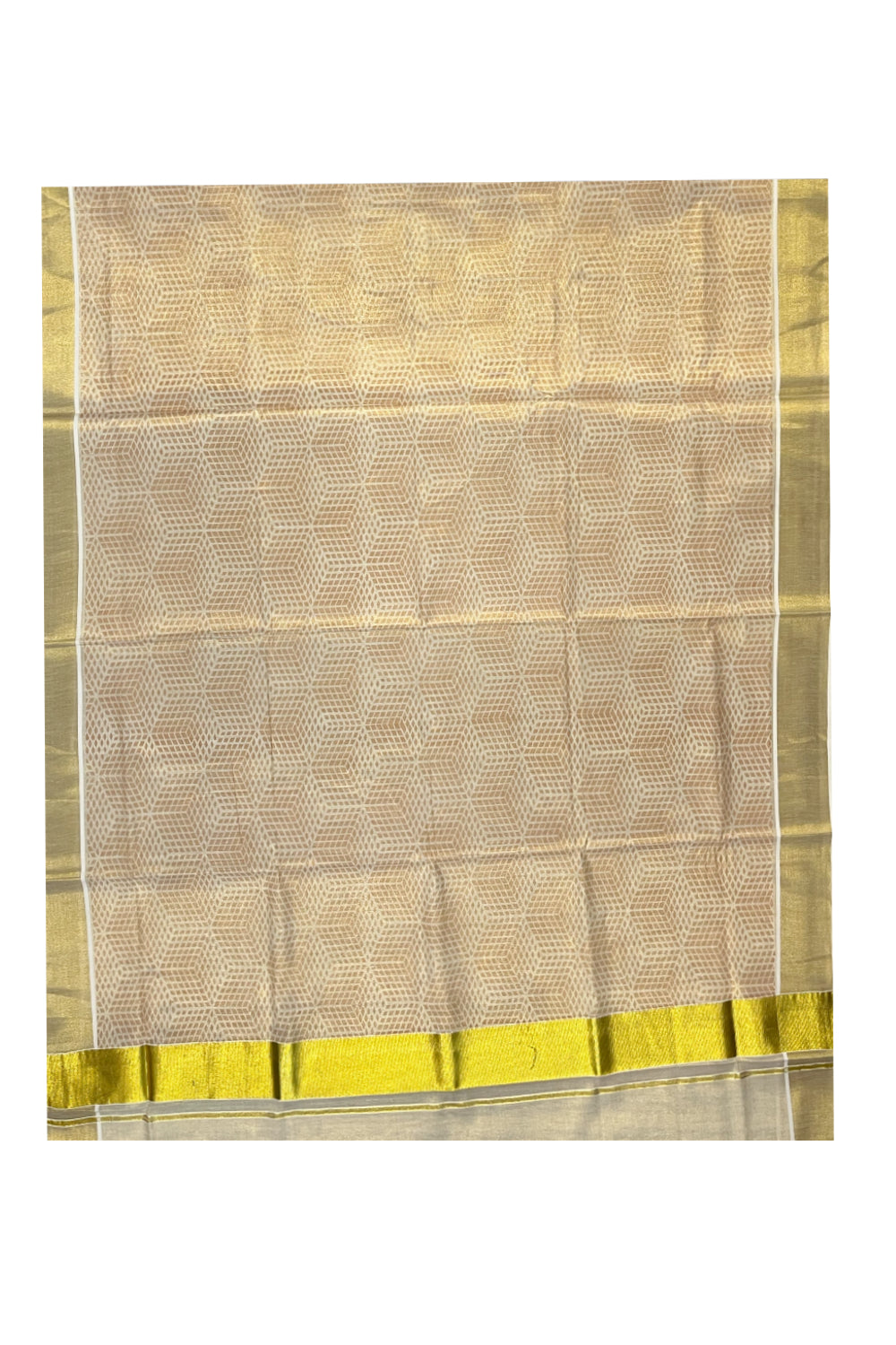 Kerala Tissue Kasavu Saree with Brown Block Printed Designs