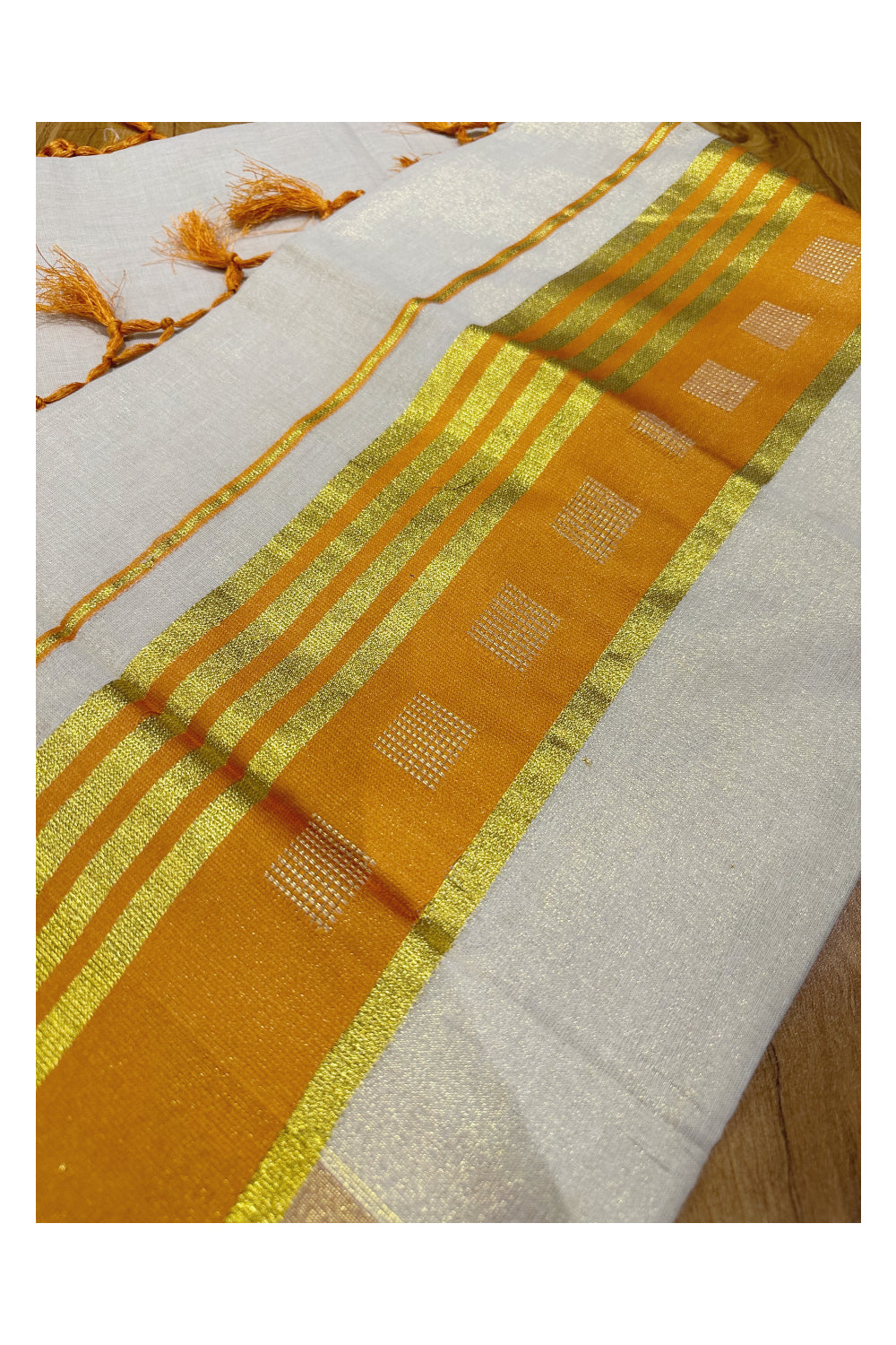 Kerala Tissue Saree with Kasavu Orange Border and Tassels Works on Pallu (Onam Saree 2023)