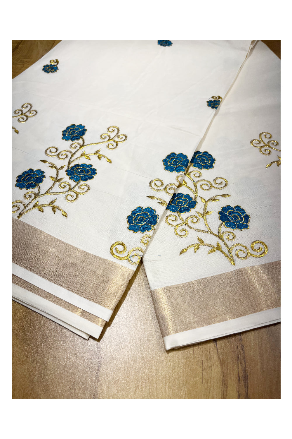 Southloom Kerala Kasavu Saree with Blue and Gold Floral Embroidery