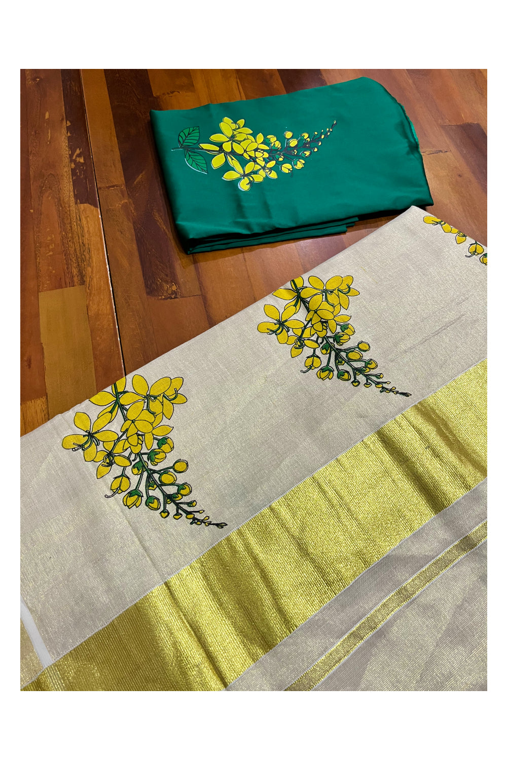 Kerala Tissue Kasavu Saree with Floral Prints on Body With Seperate Floral Printed Blouse
