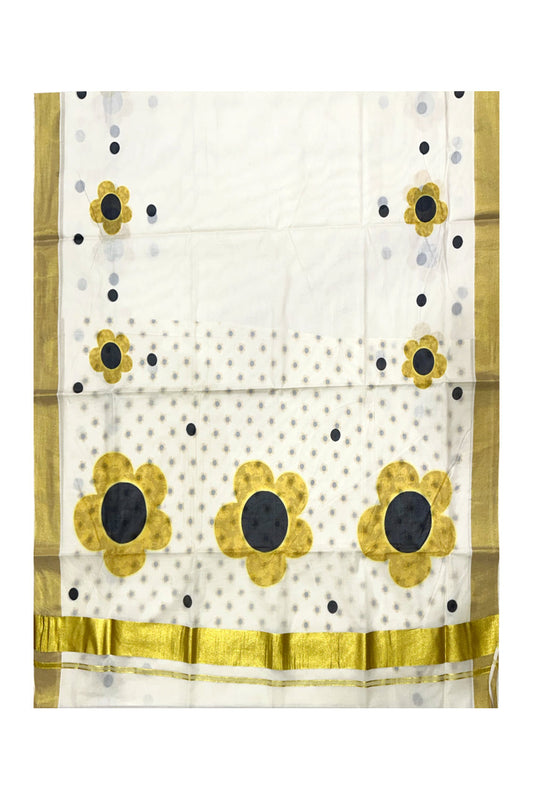 Southloom Exclusive Onam Kasavu Saree with High Quality Digital Yellow Floral Print Across Body (Matching Printed Blouse Included)