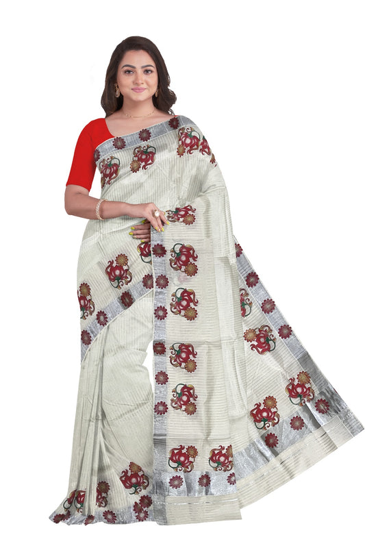 Pure Cotton Kerala Saree with Silver Lines and Floral Mural Prints on Body