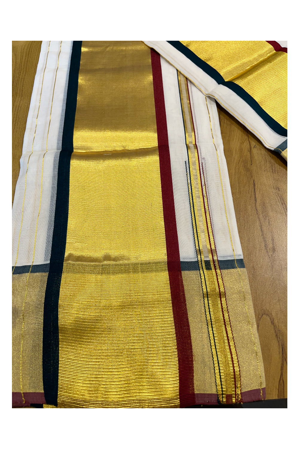 Southloom Premium Handloom Kasavu Lines Set Mundu with Green And Maroon Border (Mundum Neriyathum) 2.80 Mtrs