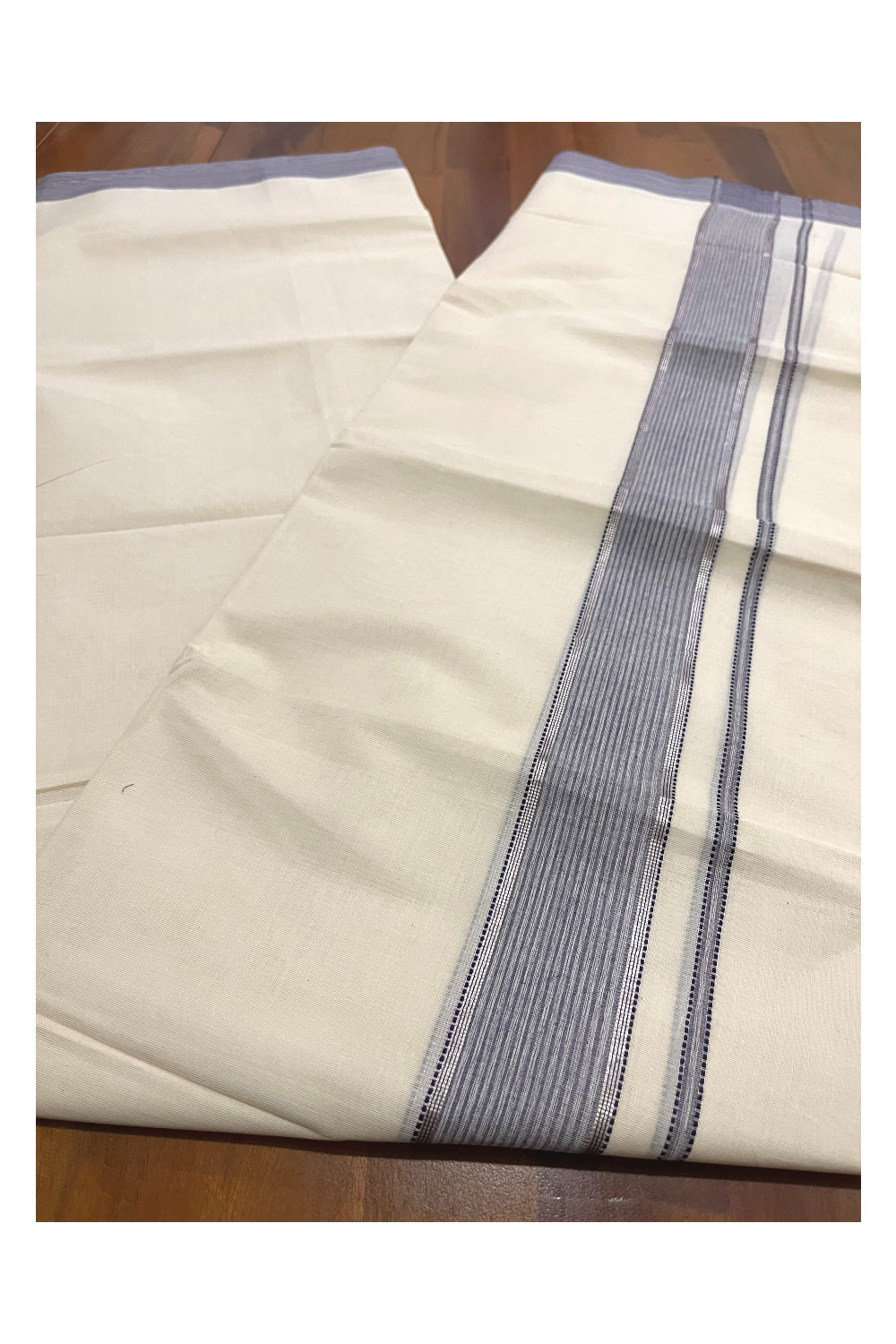 Pure Cotton 100x100 Double Mundu with Violet and Silver Kasavu Kara (Onam Mundu 2023)