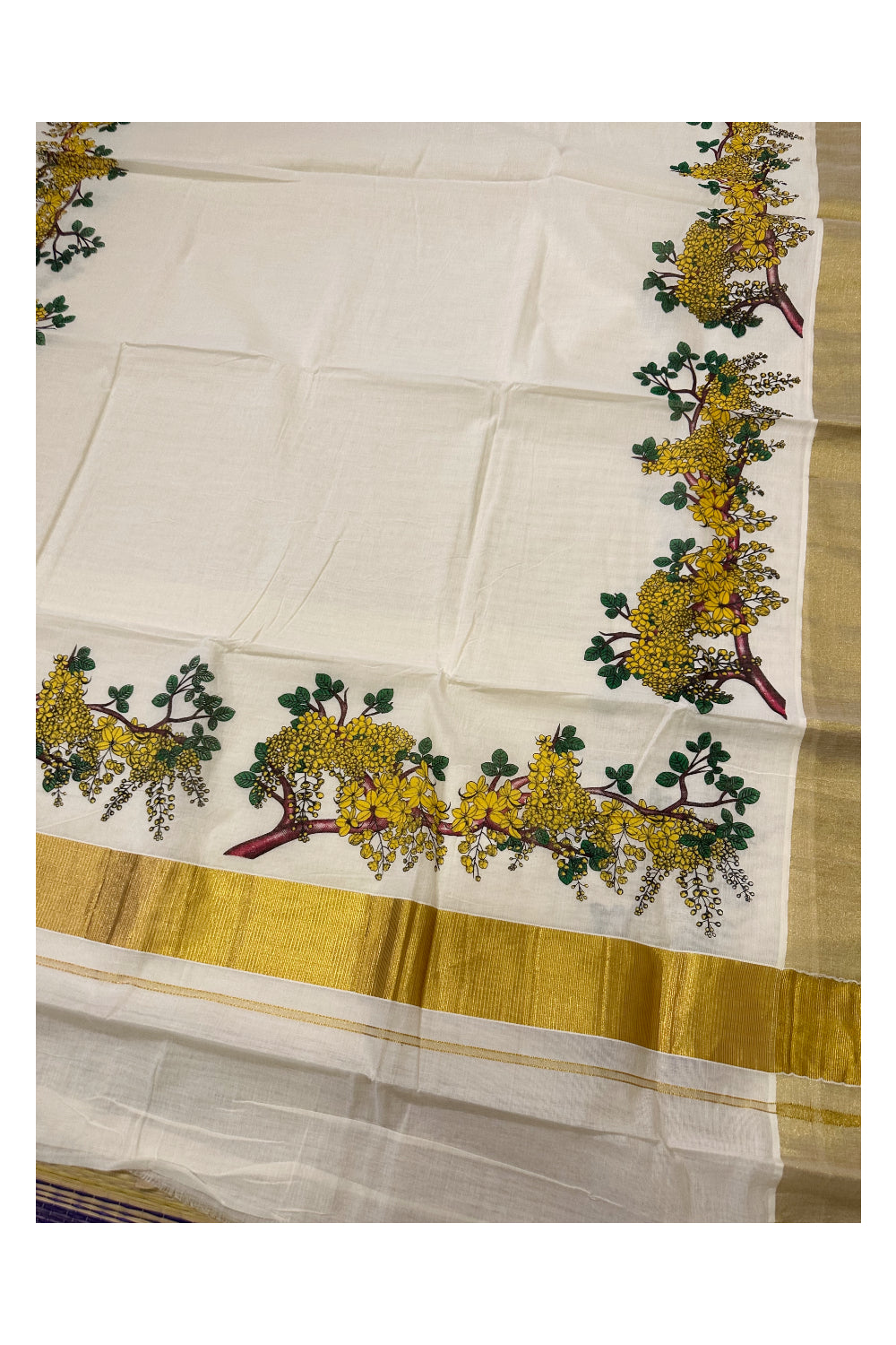 Kerala Cotton Saree with Floral Block Prints and Kasavu Border