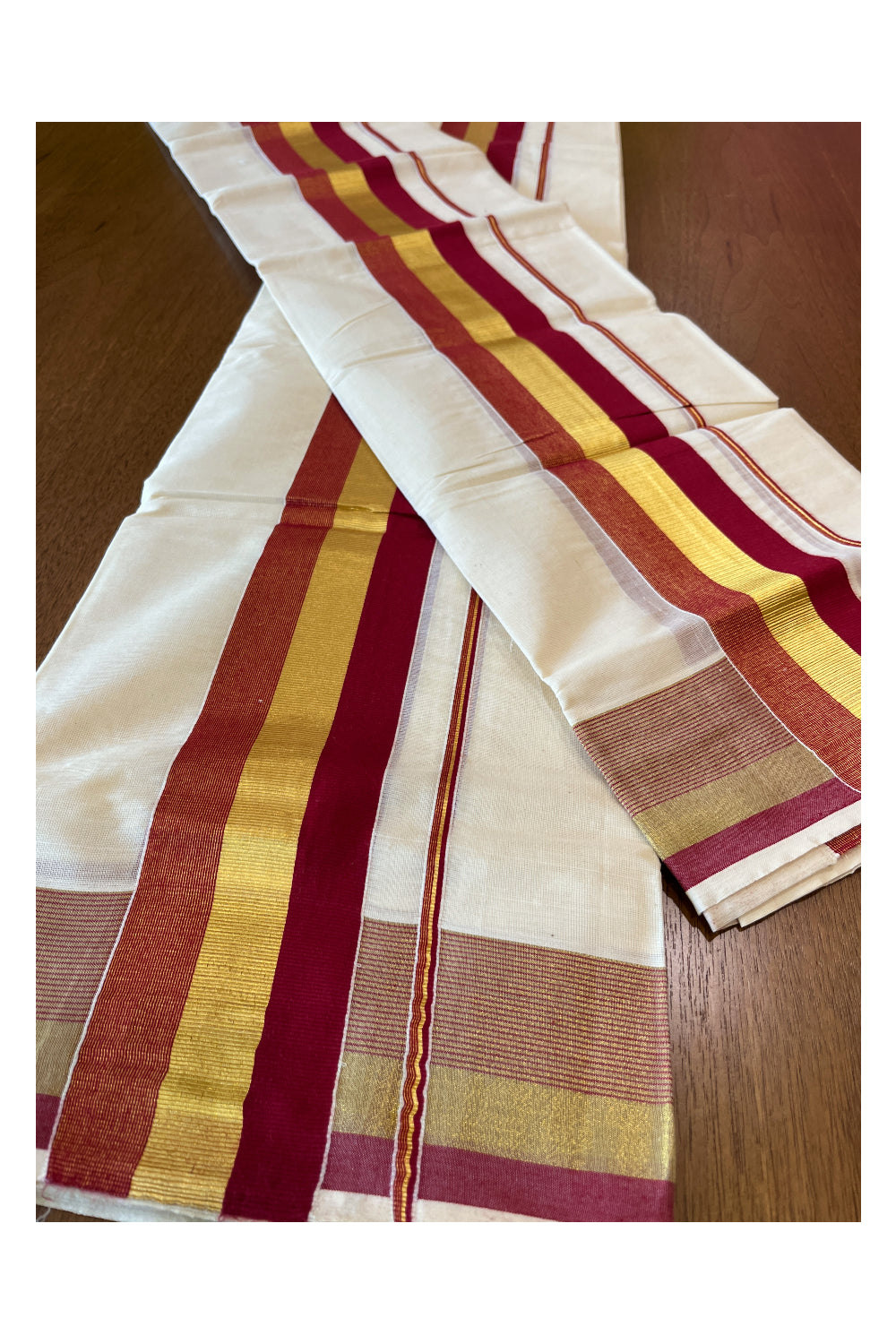 Cotton Mundum Neriyathum Double (Set Mundu) with Maroon and Kasavu Border 2.80 Mtrs