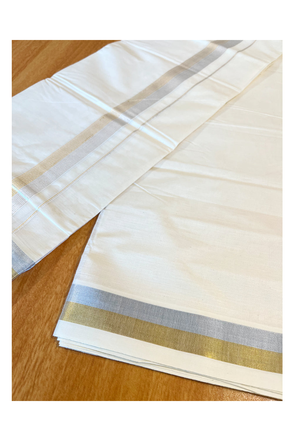 Kerala Cotton Double Mundu with Silver and Golden Kasavu Lines Border (South Indian Kerala Dhoti)