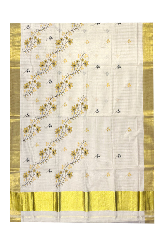 Southloom Woven Check Kasavu Saree with Floral Embroidery in Yellow and Green