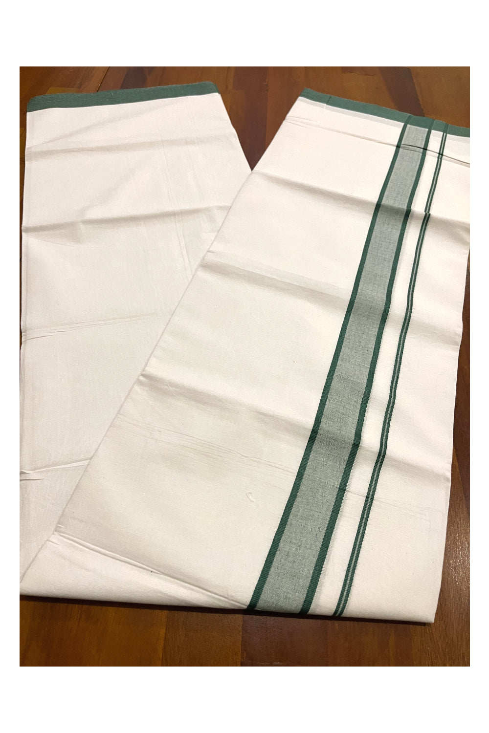 Pure White Cotton Single Mundu (Otta Mundu) with Green Border (South Indian Kerala Dhoti)