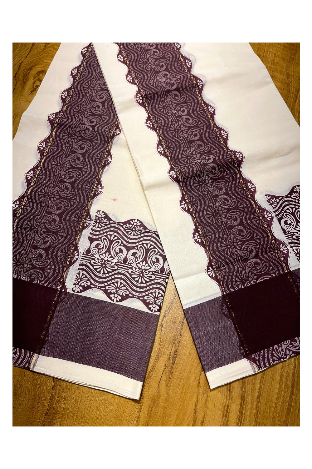 Kerala Cotton Single Set Mundu (Mundum Neriyathum) with Brown Block print Border 2.80Mtrs