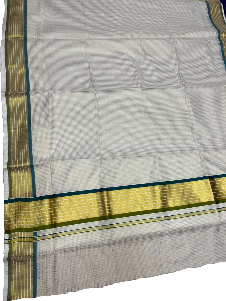 Southloom Kerala Cotton Kasavu Saree with Micro Check Design on Body in Peacock Blue & Olive Green  Border SL451