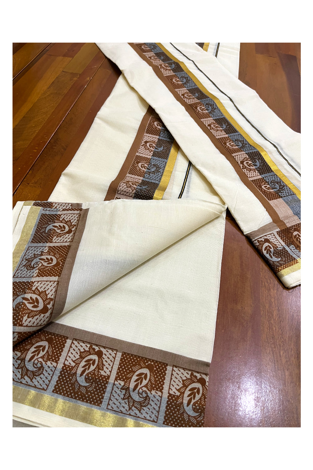 Kerala Cotton Kasavu Single Set Mundu (Mundum Neriyathum) with Blue and Brown Kara and Block prints