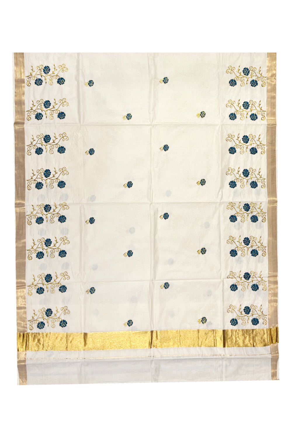 Southloom Kerala Kasavu Saree with Blue and Gold Floral Embroidery