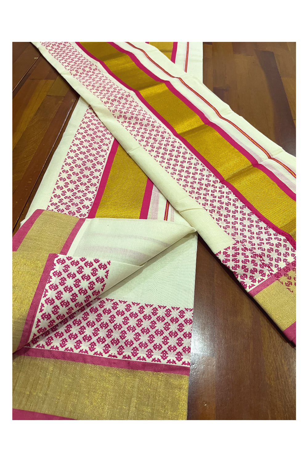 Pure Cotton Kerala Single Set Mundu (Mundum Neriyathum) with Pink Block Printed Kasavu Border