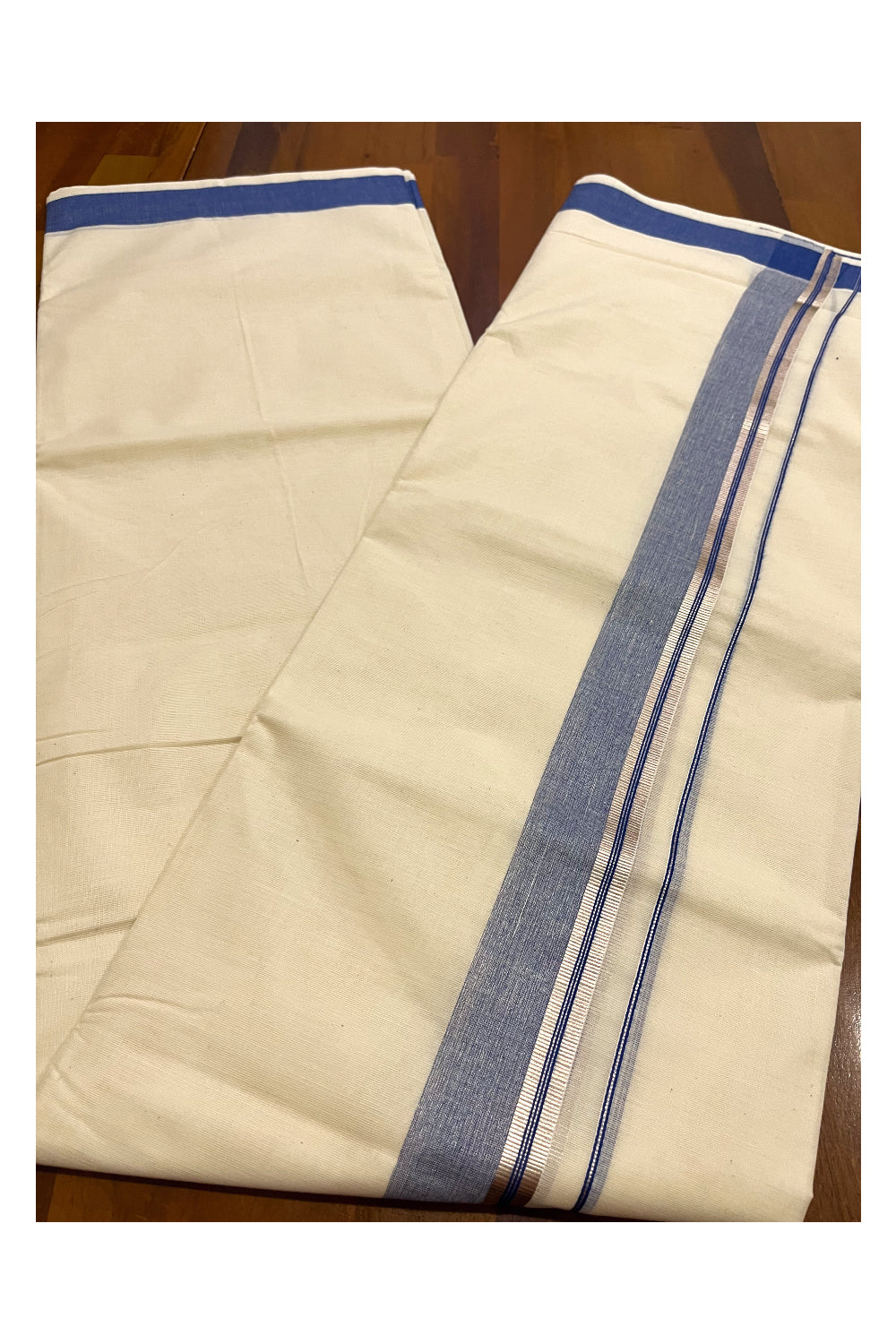 Kerala Cotton Double Mundu with Blue and Silver Kasavu Border (Onam Mundu 2023)