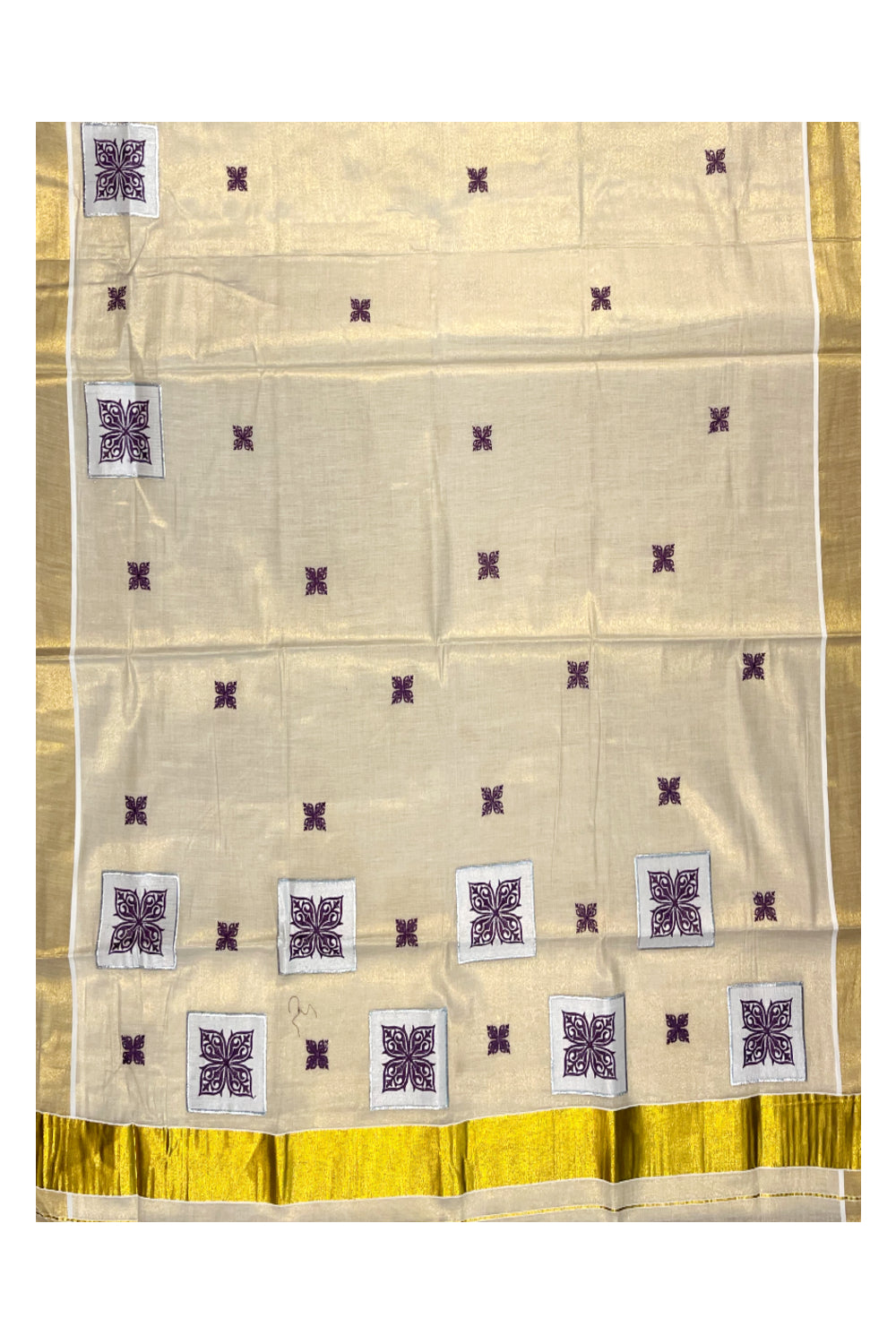 Southloom Kerala Tissue Kasavu Saree with Violet Appliq Work