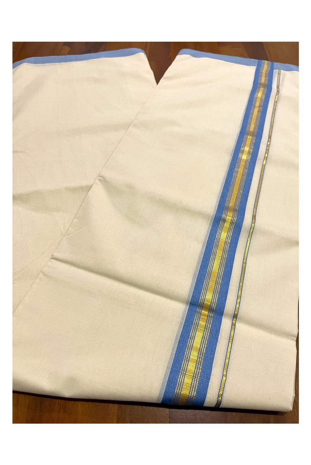 Premium Balaramapuram Unakkupaavu Handloom 10 Muzham Mundu with Kasavu and Blue Border (South Indian Kerala Dhoti)