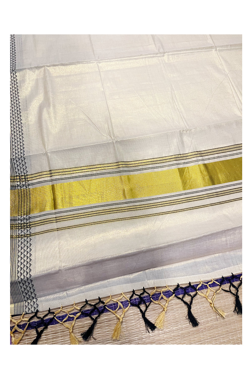 Kerala Tissue Kasavu Saree with Black Designs On Border