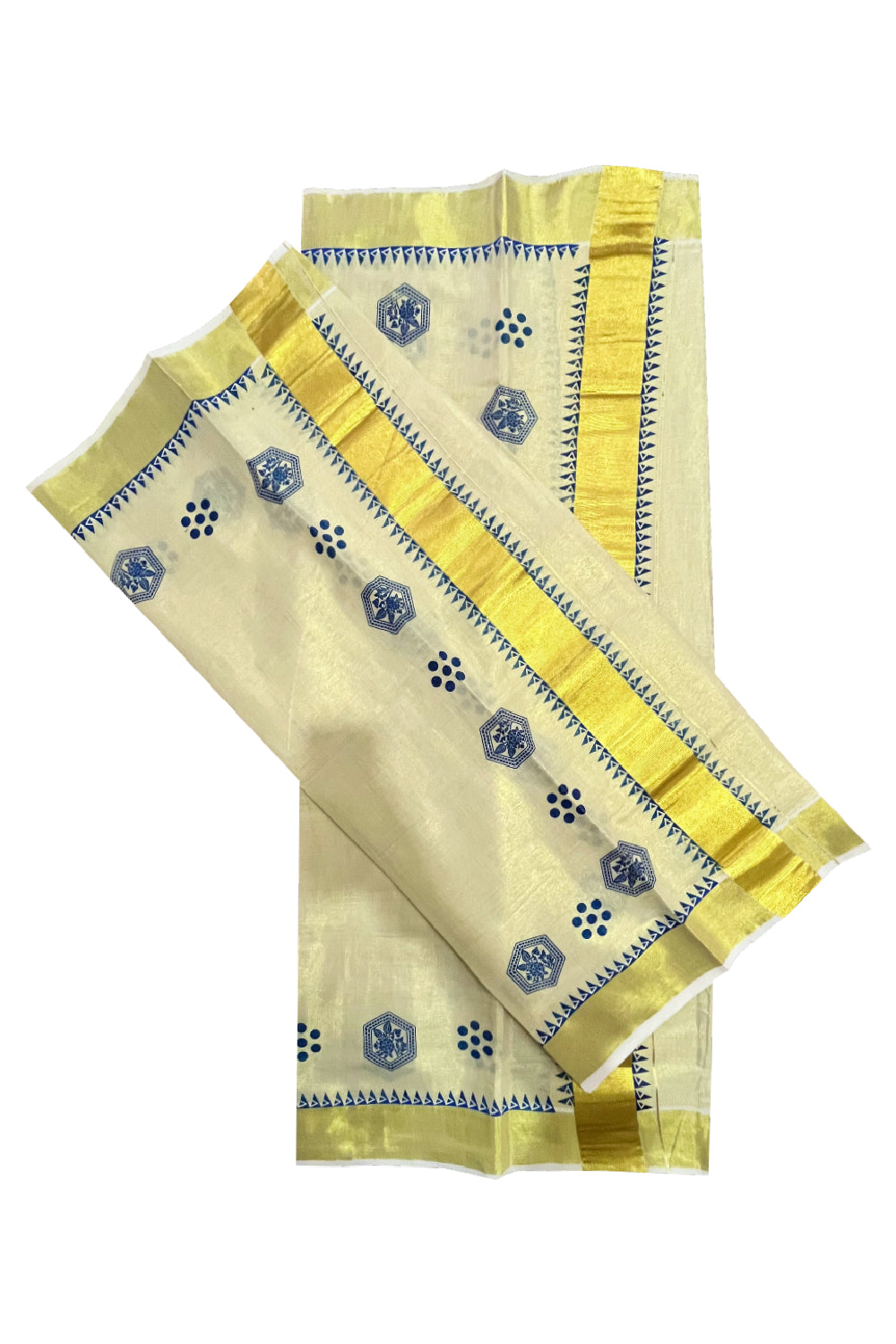 Kerala Tissue Single Set Mundu (Mundum Neriyathum) with Blue Block Prints and Temple Border 2.80 Mtrs