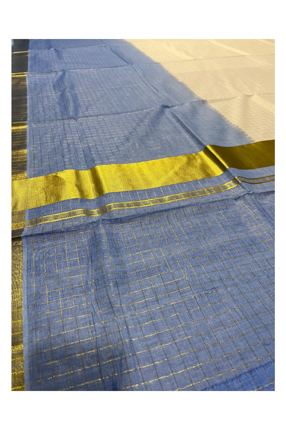 Southloom Cotton Tie & Dye - Half & Half Blue Design Saree with Kasavu Check Across Body