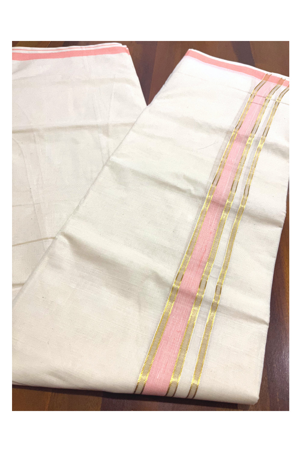 Kerala Cotton Double Mundu with Peach and Kasavu Border (Onam Mundu 2023)