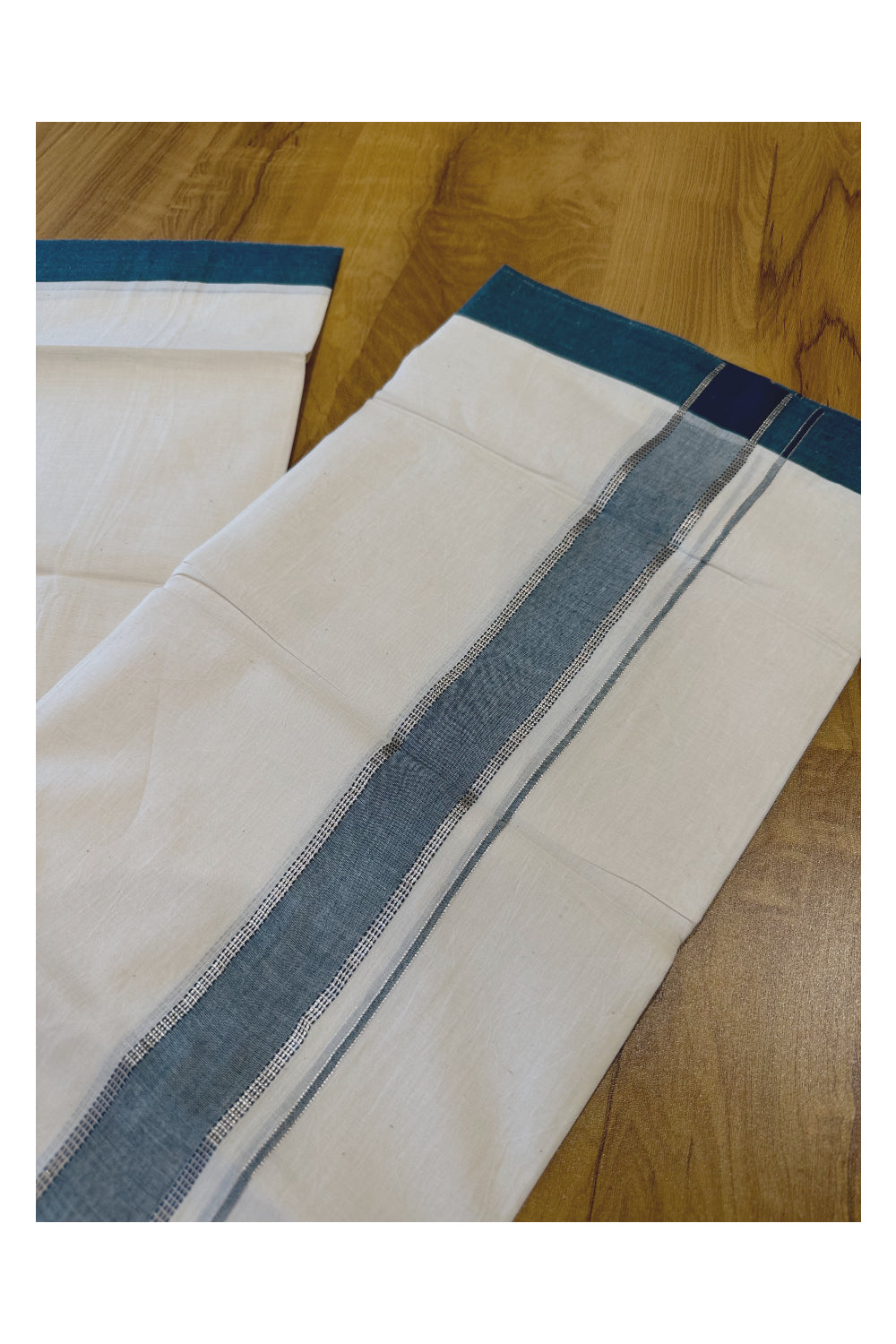 Kerala Pure Cotton Double Mundu with Blue and Silver Kasavu Border (Onam Mundu 2023)