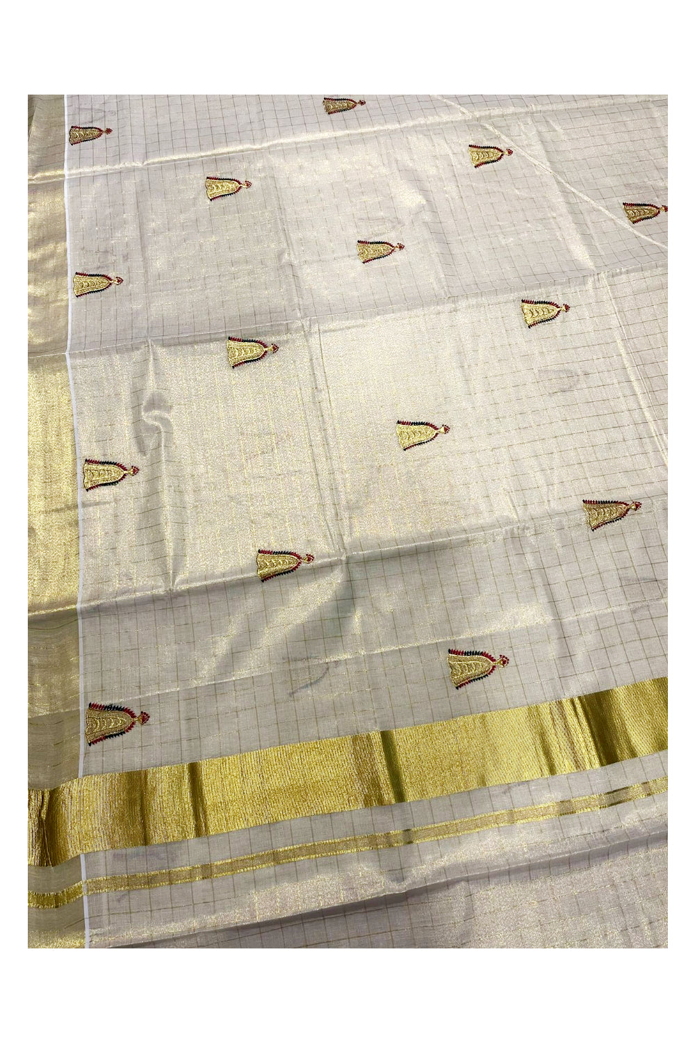 Kerala Tissue Kasavu Check Saree with Nettipattam Embroidery Works