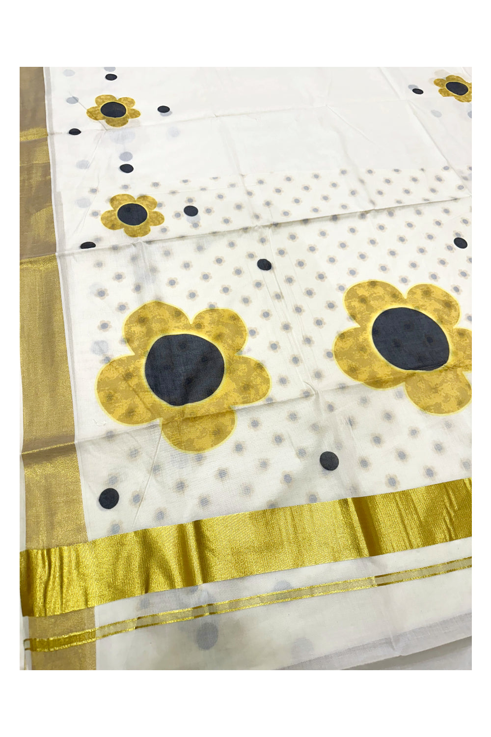 Southloom Exclusive Onam Kasavu Saree with High Quality Digital Yellow Floral Print Across Body (Matching Printed Blouse Included)