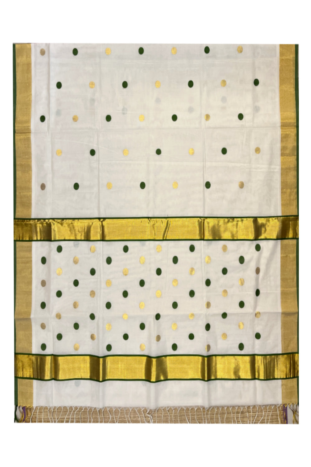 Southloom Premium Handloom Kasavu Saree with Green and Golden Polka Woven Designs Across Body