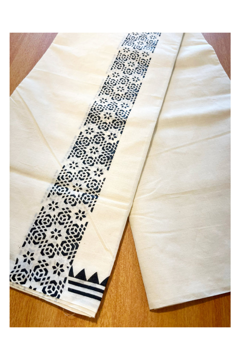 Pure Cotton Off White Double Mundu with Black Block Prints On Border (South Indian Kerala Dhoti)