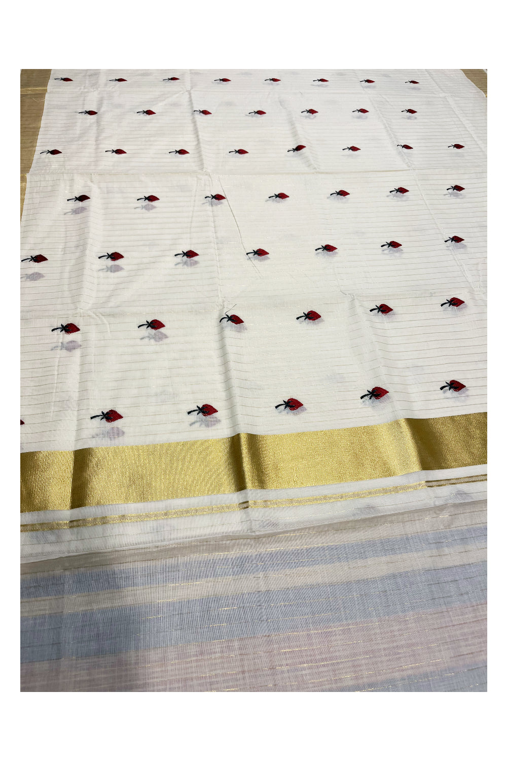 Kerala Cotton Kasavu Lines Saree with Maroon Floral Embroidery Works On Body