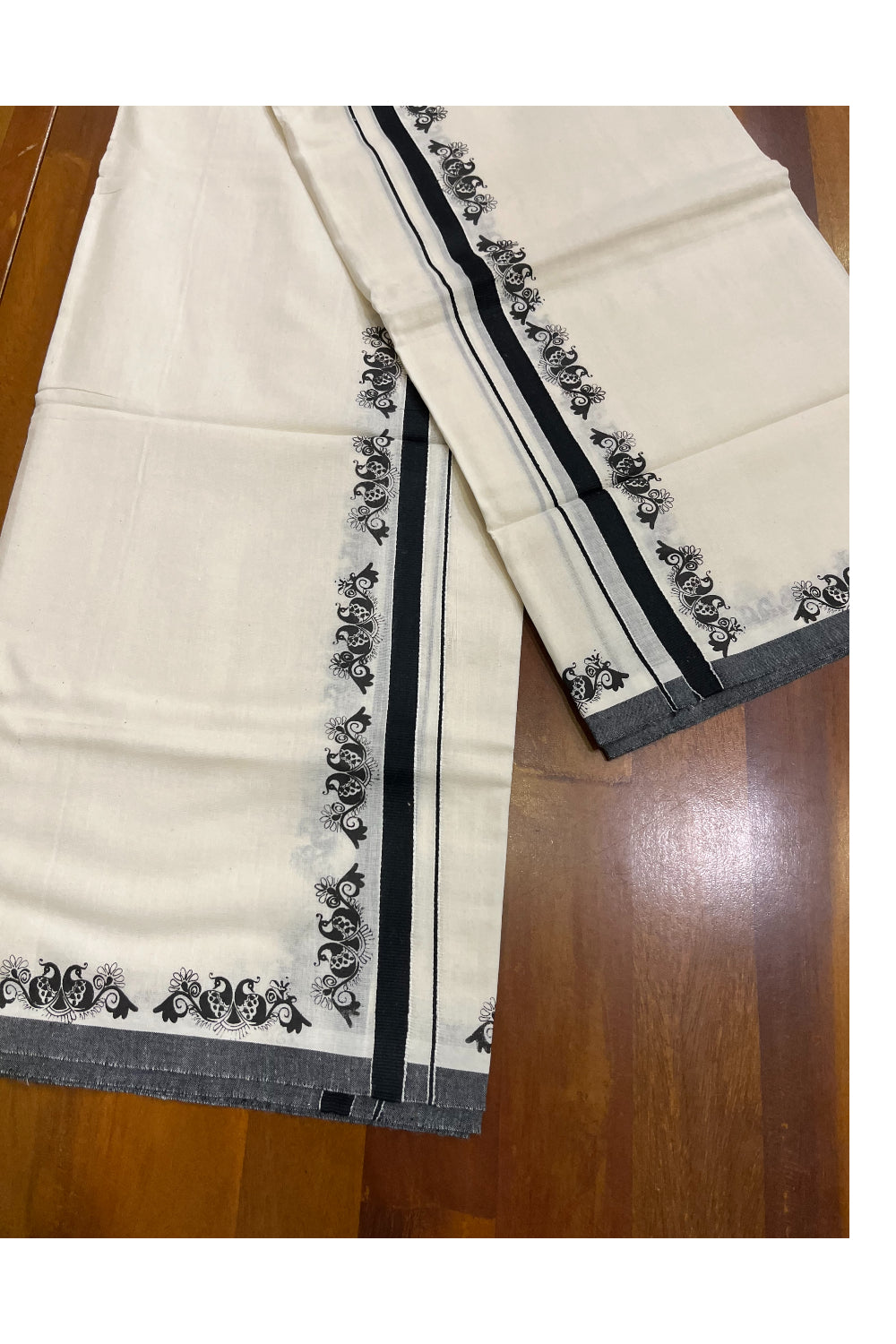 Kerala Pure Cotton Set Mundu Single (Mundum Neriyathum) with Black Block Prints