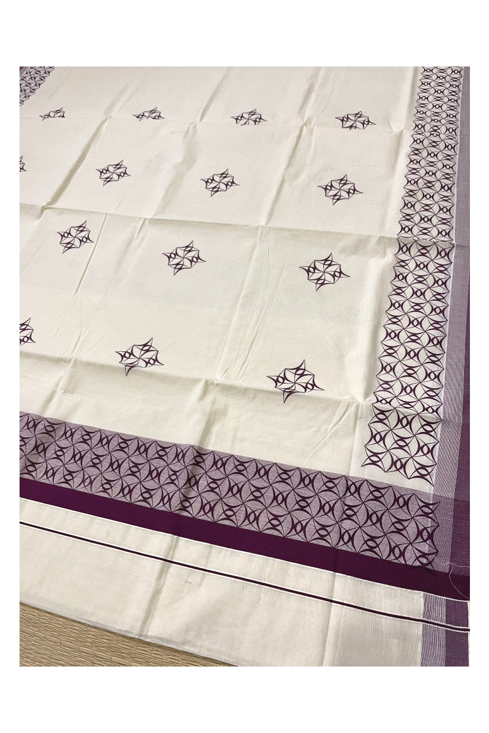 Pure Cotton Off White Kerala Saree with Purple Block Printed Border (Onam Saree 2023)